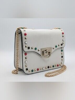 Gail Labelle White Studded Crossbody Bag Gold Chain Strap Turn Lock Purse